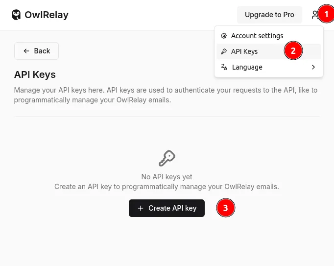 OwlRelay API keys page